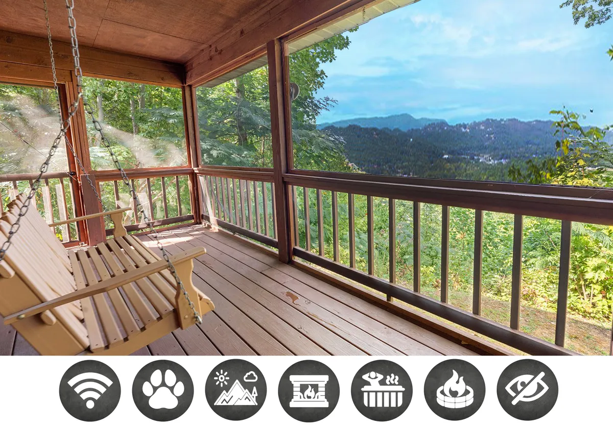 The image showcases the exterior of a cozy wooden cabin nestled in the Smoky Mountains. A comfortable swing seat sits on the private deck, framed by rustic wooden railings, with sweeping mountain views stretching beyond. The tranquil setting invites relaxation and quiet contemplation, with nature providing a stunning backdrop perfect for sunrise coffee or stargazing at night.