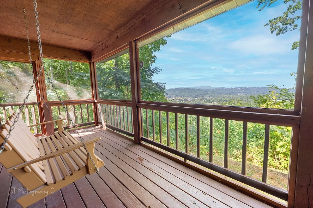 This exterior image features a peaceful swing hanging from a covered porch, framed by wooden railings and offering a sweeping view of the mountains and treetops beyond. The tranquil setting is ideal for stargazing or enjoying a morning coffee while surrounded by nature's beauty.